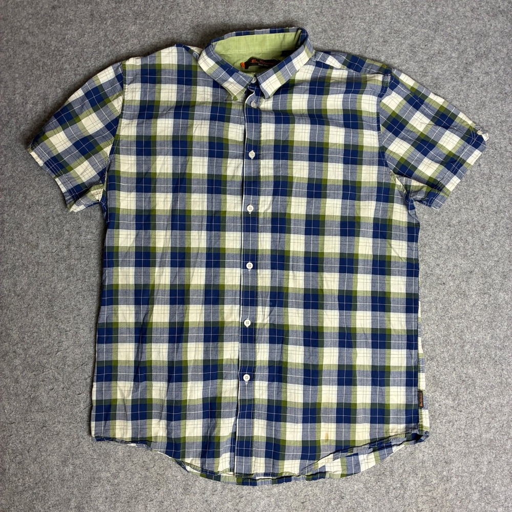 Ben Sherman Shirt Mens XL Blue Green Plaid Good Short Sleeve Button Down Cotton